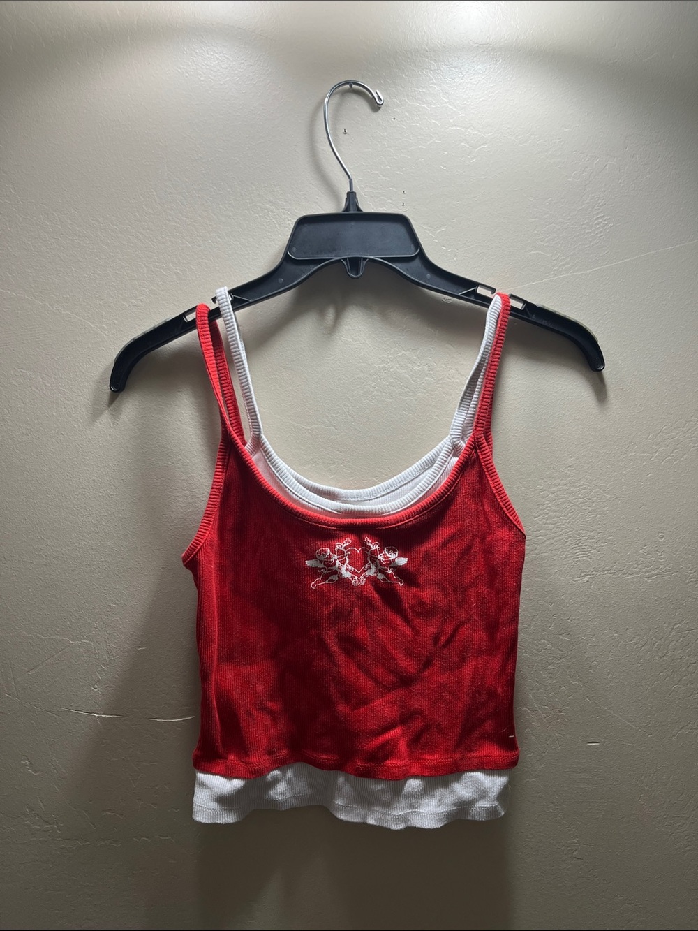 Red Floral Cherub Embroidered Double-Layer Tank Top